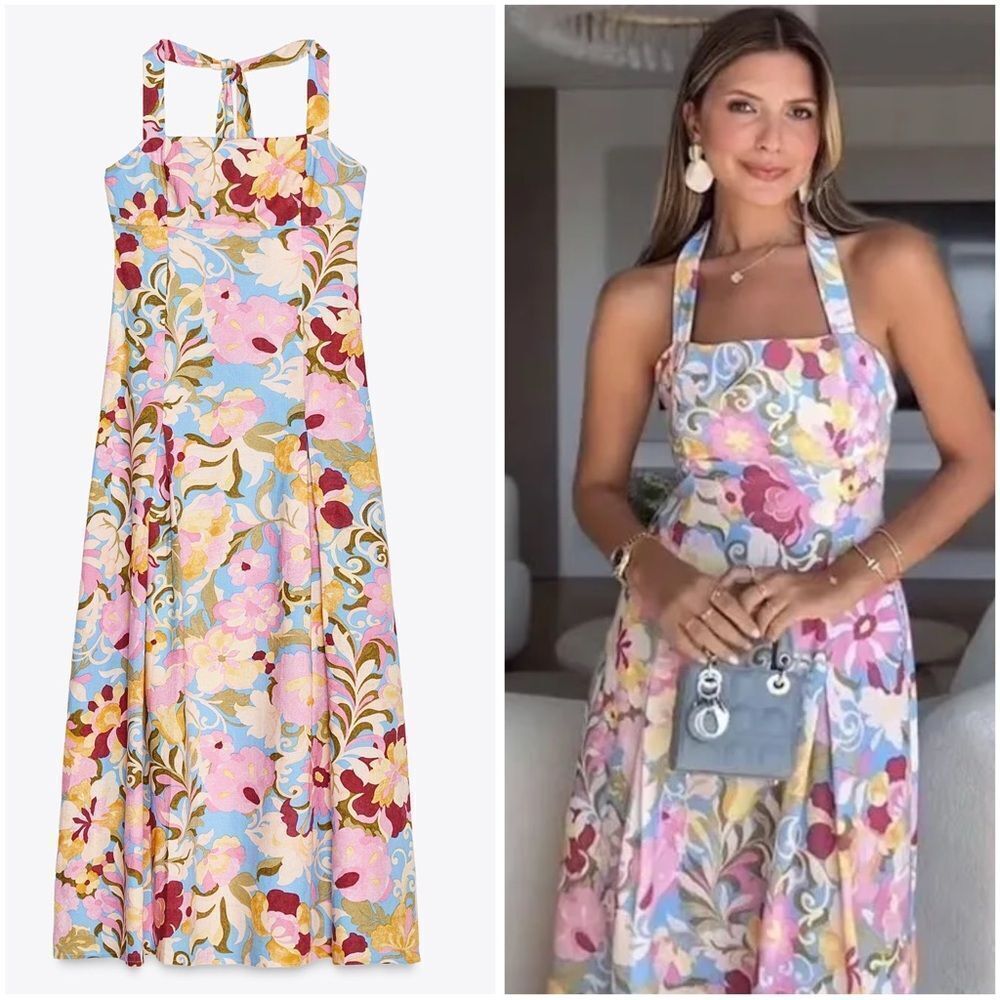 ZARA PRINTED LINEN MIDI DRESS - Picture 1 of 10